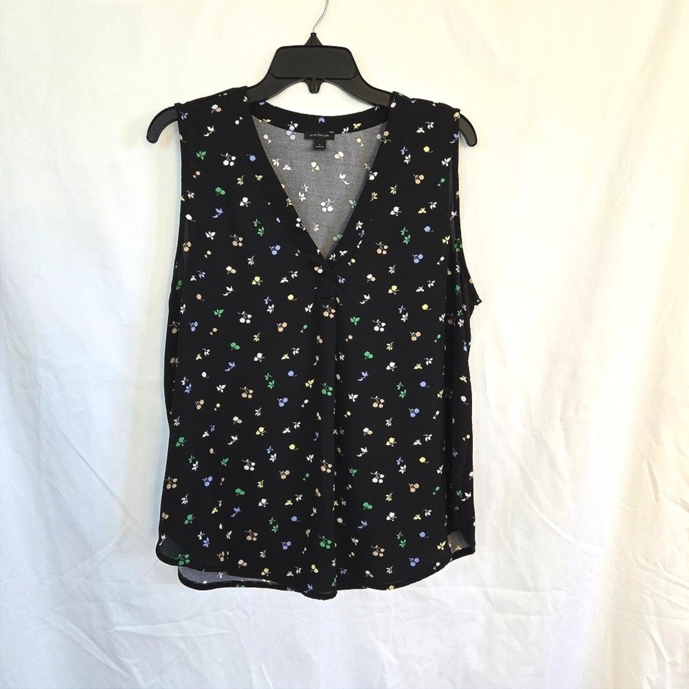 Ann Taylor Women Preppy Black Colorful Floral V-neck Sleeveless Career Top Large